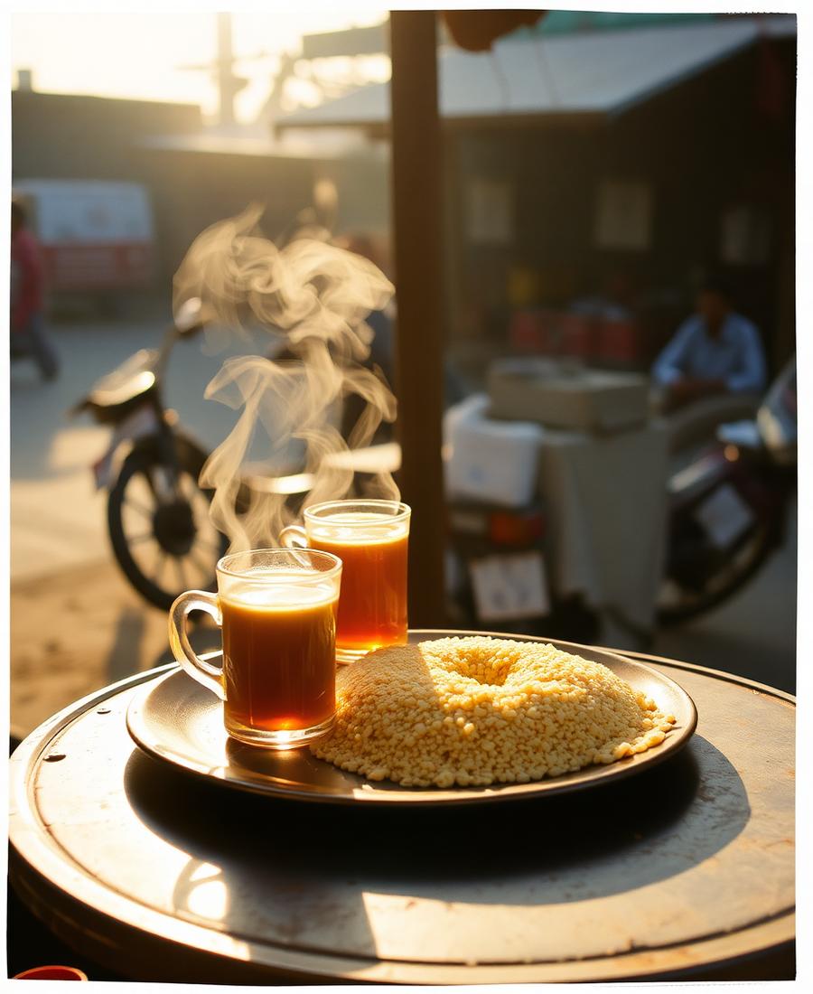 Cutting chai and poha at a roadside stall